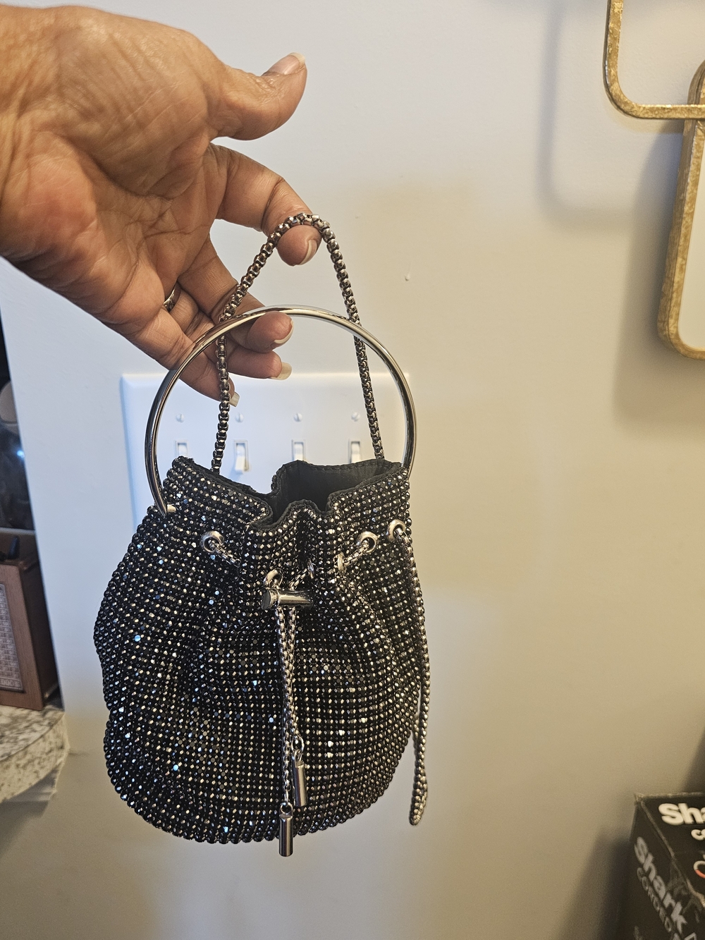 Crystal-Embellished Black Bucket Bag with Chain Handle